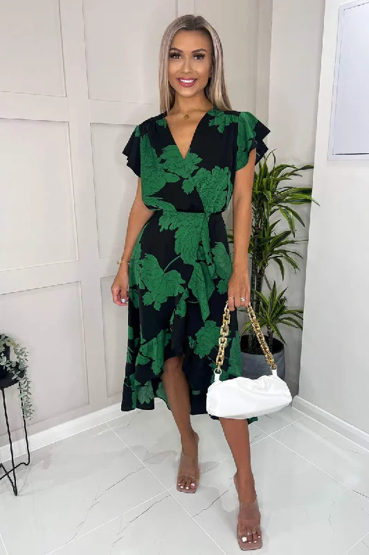 Deal Dash trendy wrap dressTina Black and Green Floral Print Wrap Midi Dress