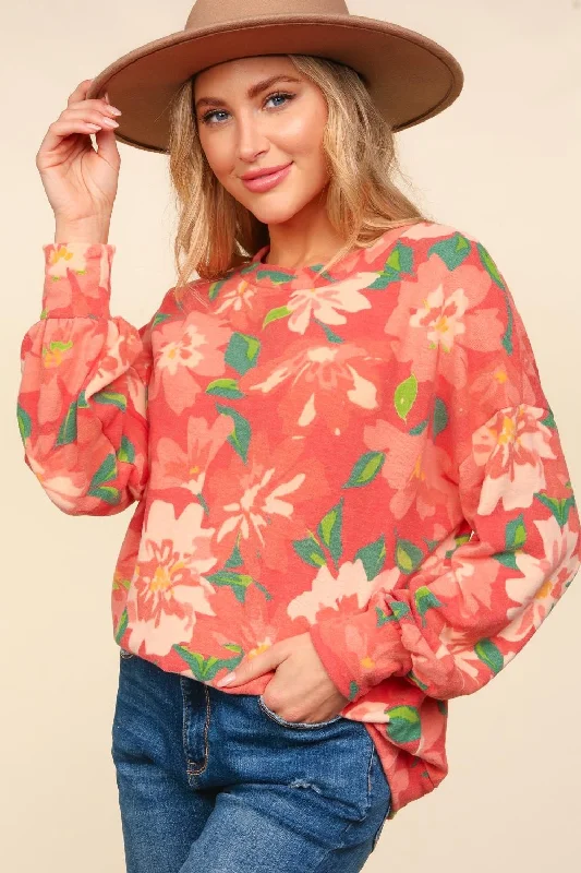 Weekend Deal Red Floral Brushed Hacci Soft Sweater Knit Top