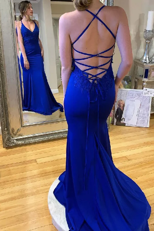 trendy mini dressMermaid Lace-Up Long Royal Blue Prom Dress Y1273