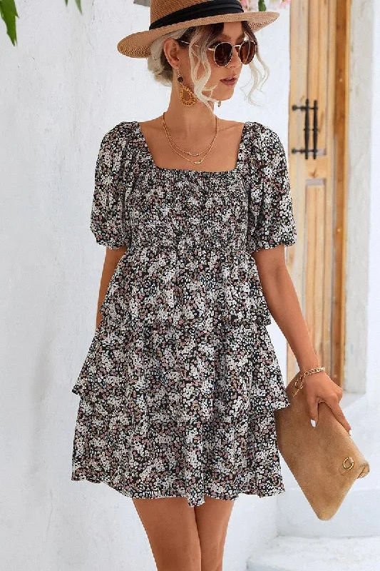 Weekend Special elegant shift dressOFF SHOULDER SQUARE NECK FLORAL TIERED DRESS