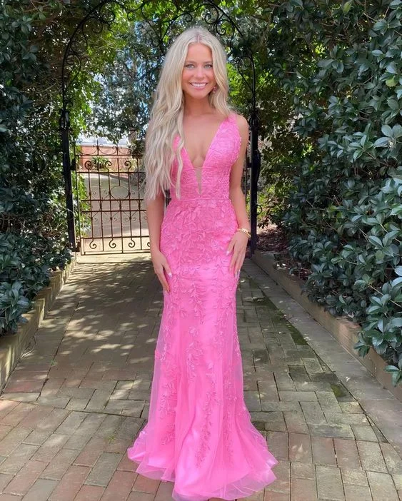 office dressCharming Mermaid V Neck Hot Pink Lace Long Prom Dresses Y1028