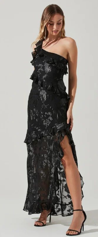 Limited Quantity floral dressOne Shoulder Black Ruffle Sheer Dress with Slit by ASTR the label