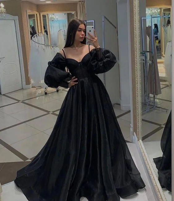 playful dressBlack Long Sleeves Prom Dresses,Black Formal Dresses,Party Dress with Train Y1027