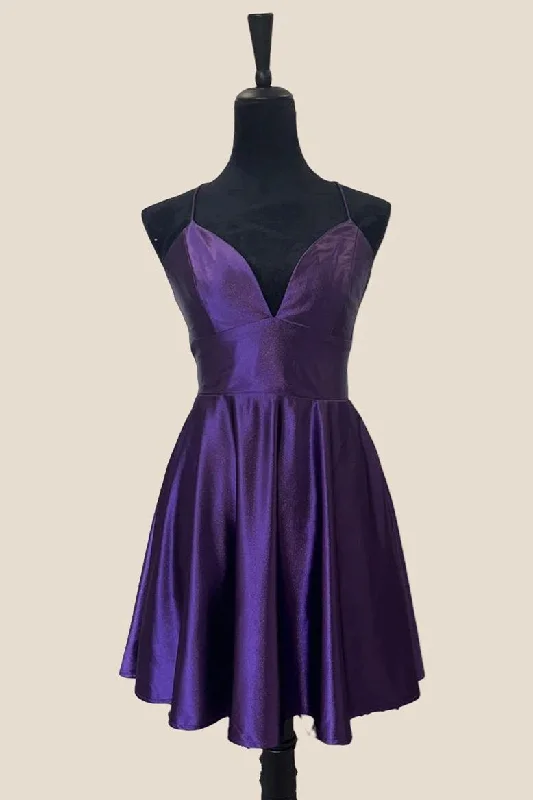 chic wrap dressV Neck Purple A-line Short Homecoming Dress