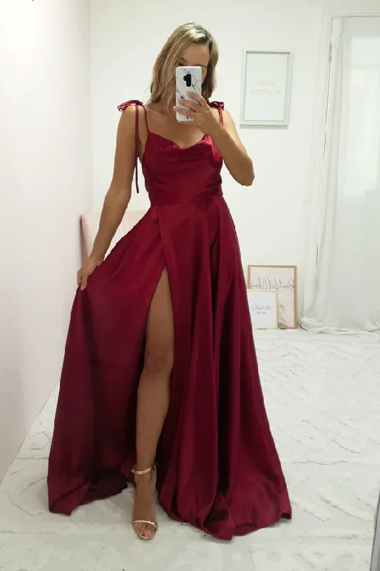 velvet dressDark Red Cowl Neckline Satin Long Prom Dress Simple Senior Prom Dress Y494