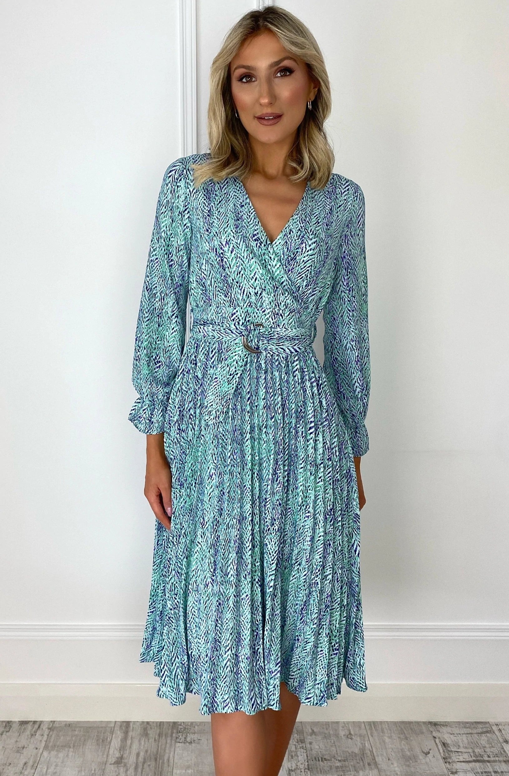 Shop and Save casual slip dressLisa Mint Multi Print Belted Midi Dress