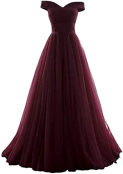 elegant maxi dressOff The Shoulder Tulle Burgundy Long Prom Dress Y922