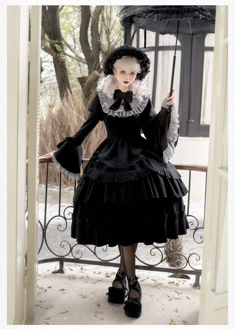 draped dressWith PUJI~Midnight Chronicles~Black Old School Lolita OP Dress with Princess Sleeve