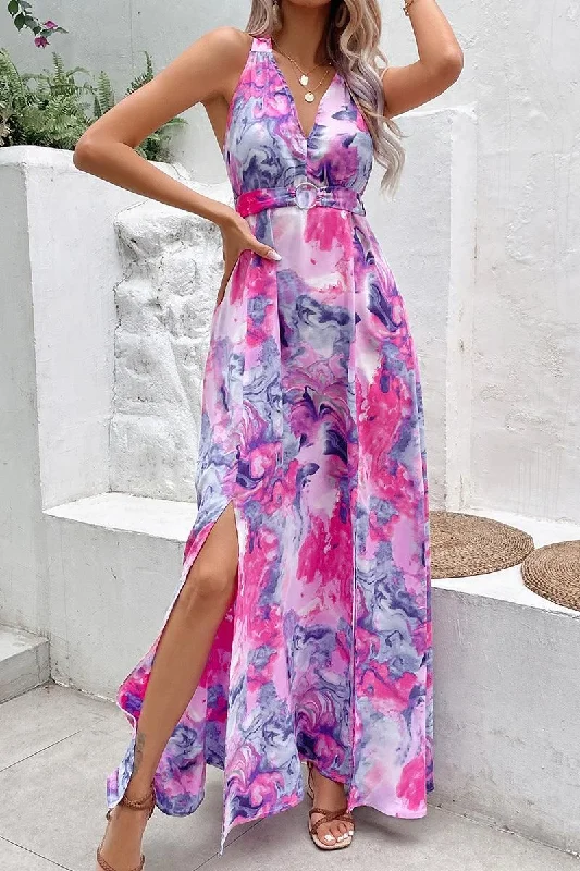 The Best Prices printed dressRING BELT HALTER NECK SLIT PRINTING DRESS