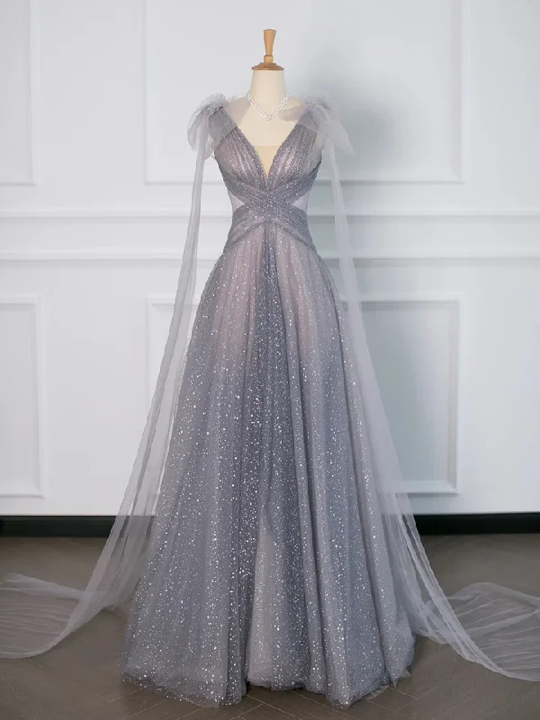 Savings Galore lace-up dressGray Tulle V-Neck A-Line Backless Elegant Evening Party Dress, DP2481 Savings Galore lace-up dressGray Tulle V-Neck A-Line Backless Elegant Evening Party Dress, DP2481