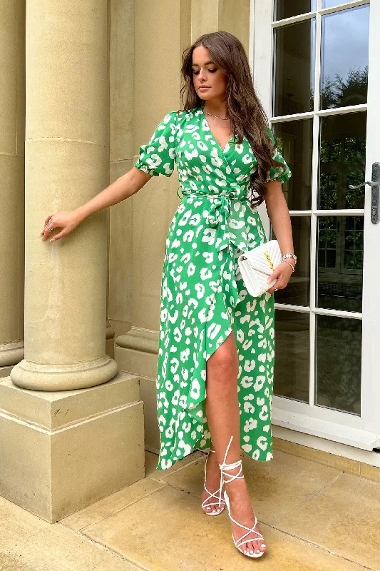 Unbeatable Prices ruffle dressFarrah Green Leopard Print Frill Hem Maxi Dress