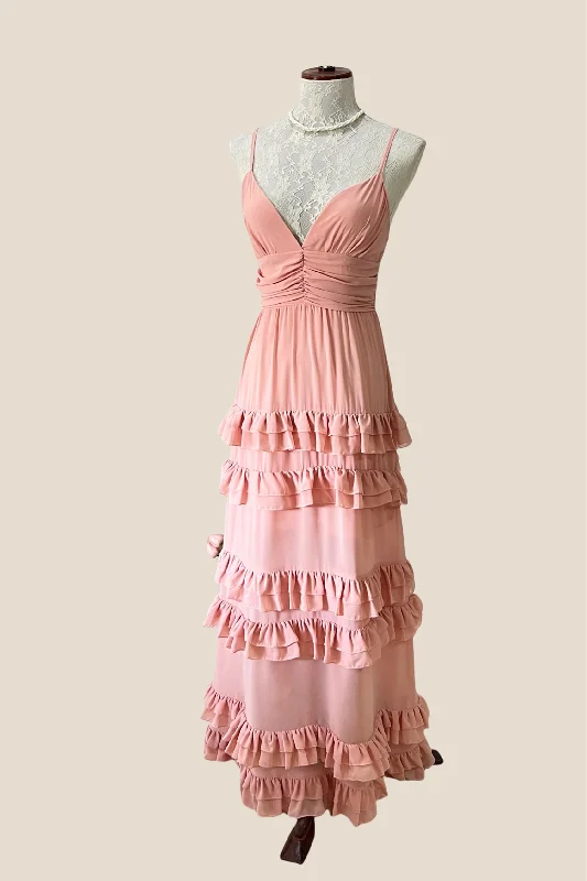 wool dressV-Neck Peach Ruffle Hem A-line Long Dress