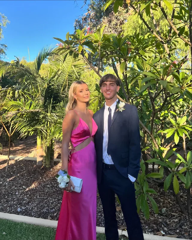 Bargain Blast fitted dressHot Pink V Neck Backless Simple Satin Long Party Dress, DP2629