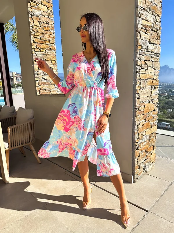 Daily Specials cocktail party dressLillie Blue Floral Wrap Top Style Midi Dress