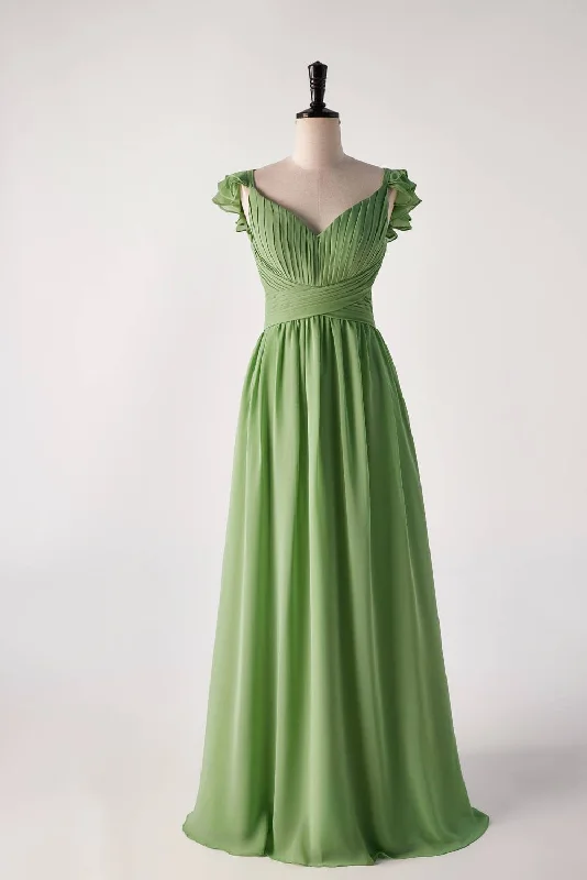 boho dressFlare Straps Matcha Green Long Bridesmaid Dress