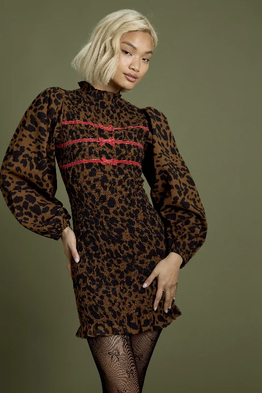 Super Bargain Blake Leopard Print Shirred Ribbon Detail Mini Dress