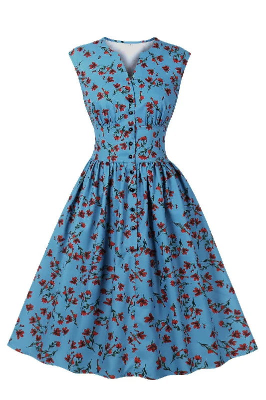 summer floral dressBlue Floral Empire Strapless Swing Dress with Buttons