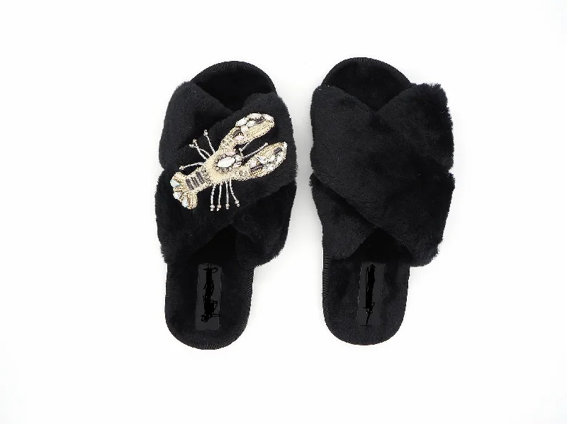 Discount Deals casual summer dressCrystal Black Fluffy Slippers with Lobster Brooch