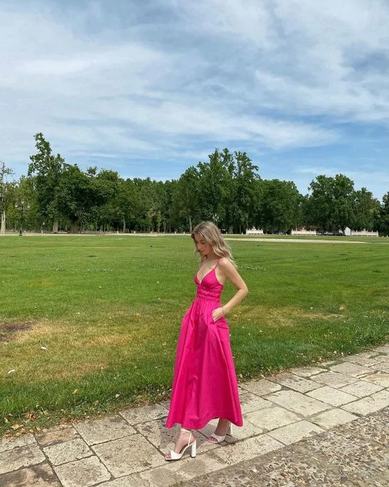 satin midi dressA-line V Neck Hot Pink Prom Dress Sleeveless Formal Dress Y436