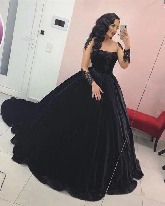 comfy maxi dressBlack velvet wedding dresses ball gown lace appliques long sleeves for bride Y1151