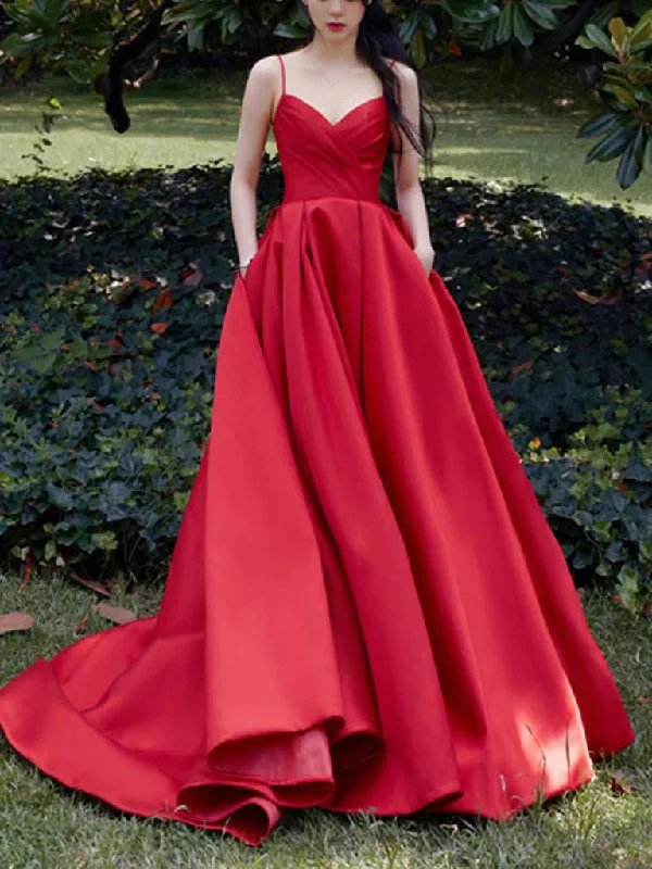 midi dressSpaghetti Straps V Neck Red Satin Prom Dresses, Red V Neck Satin Long Formal Graduation Dresses Y231