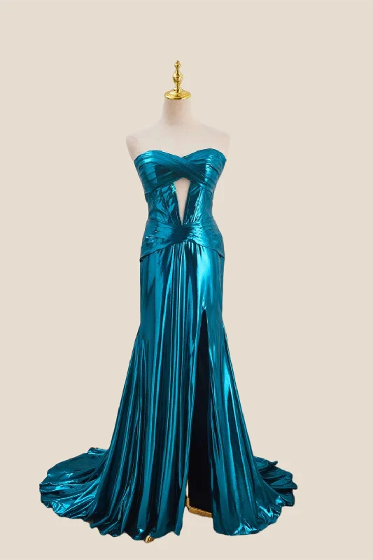 draped dressStrapless Blue Metallic Long Dress with Keyhole