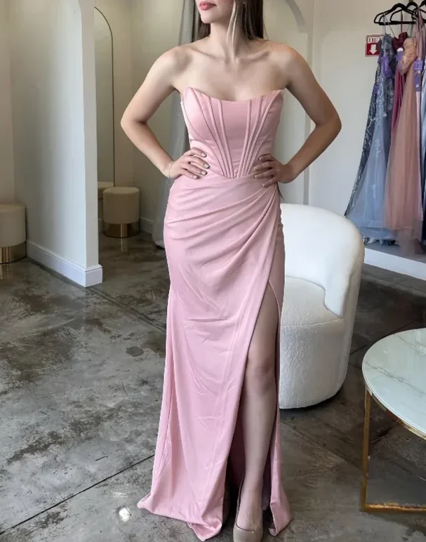 Discount Deals casual summer dressPink Strapless Sheath Simple Long Party Dress, DP2626