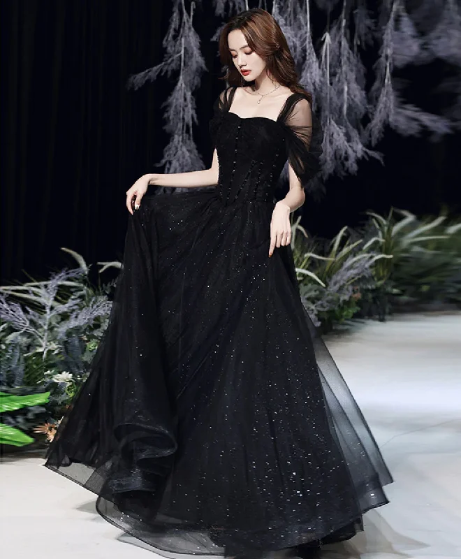 stylish dressBlack Tulle Off Shoulder Long Prom Dress, Black Formal Graduation Dresses Y1131