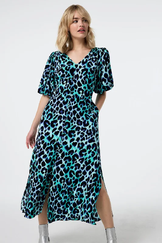 Deal of the Week bodycon dressTurquoise with Black and Blue Shadow Leopard Puff Sleeve Midi Tea Dress