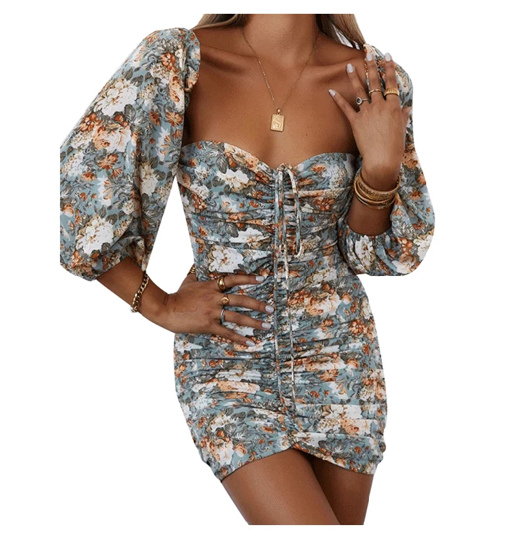 New Markdowns casual evening dressPrecious Poppies Ruched Bell Sleeve Mini Dress - Blue