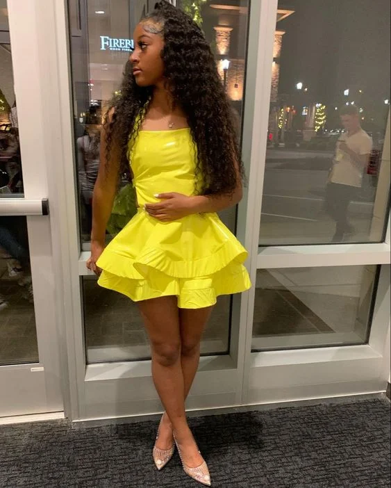 stylish party dressA-line Yellow Satin Short Homecoming Dress 8th Grade Prom  Y497