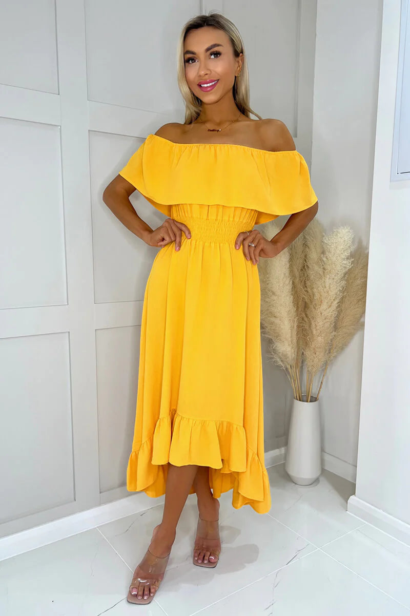 Weekend Deal boho dressOla Yellow Bardot Style Midi Dress