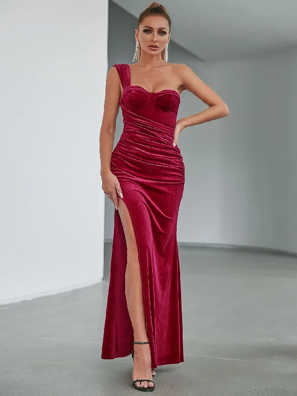 Markdown Madness draped dressKittenAlarm - One Shoulder Ruched Side Split Thigh Velvet Prom Dress