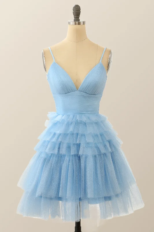 relaxed fit dressStraps Blue Tiered Ruffle Short A-line Homecoming Dress