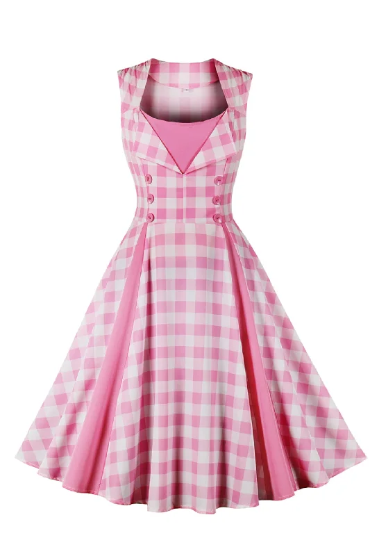 off-the-shoulder dressSleeveless Pink Plaid Barbie Swing Dress