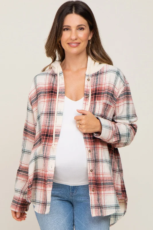 Super Sale Rust Plaid Hooded Maternity Shirt Jacket