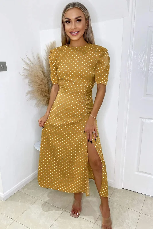 Mega Deal fitted dressLouisa Mustard Polka Dot Ruched Short Sleeve Midi Dress