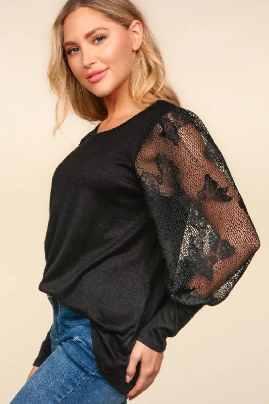 Weekend Deal Black Lace Sleeve Soft Hacci Sweater Knit Top