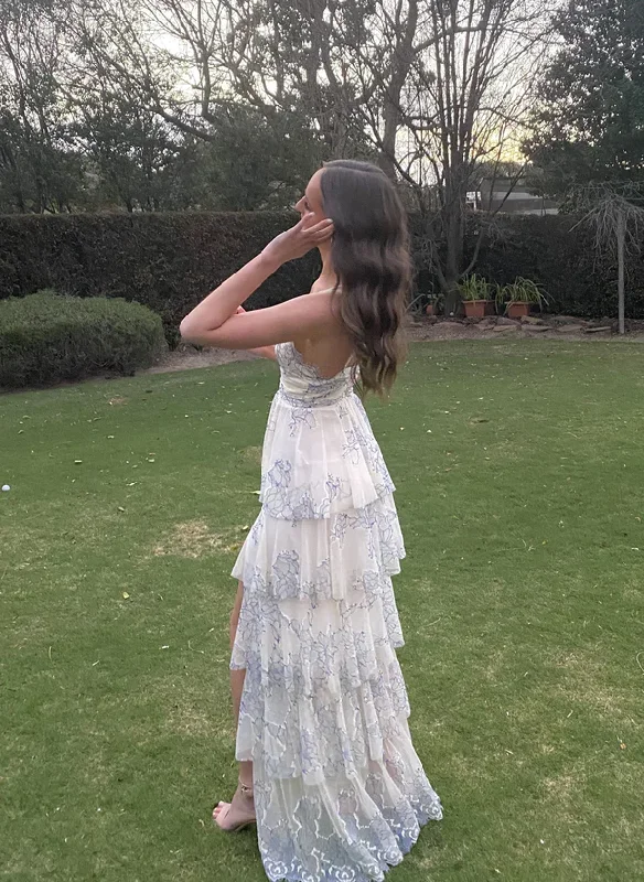 Mega Sale vintage dressIvory Straps Lace Layers A-Line Long Prom Dress with Slit, DP2292