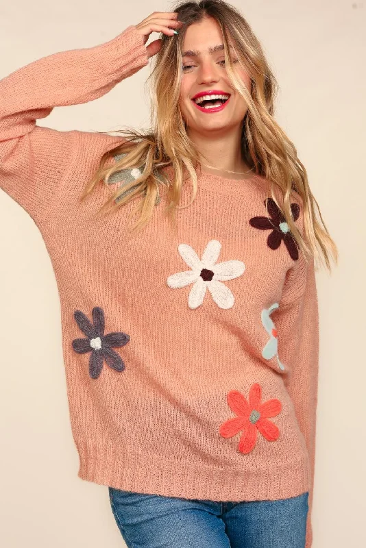 Bargain Prices TERRACOTTA LONG SLEEVE FLOWER PATCHES  SWEATER KNIT TOP