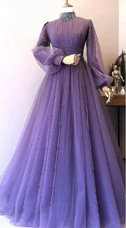 classic fit-and-flare dressrobe longue high neck vintage prom dresses long sleeve muslim beaded lace tulle elegant purple prom gown  Y1207