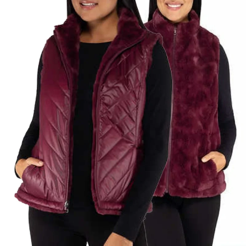 Price Slash Nicole Miller Women's Reversible Quilted Faux Fur Insulated Puffer Vest