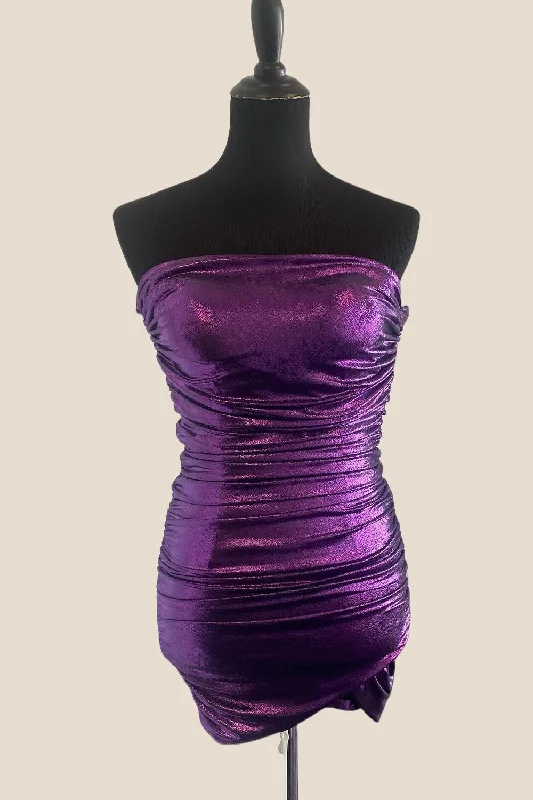 chic dressStrapless Purple Ruched Bodycon Short Dress