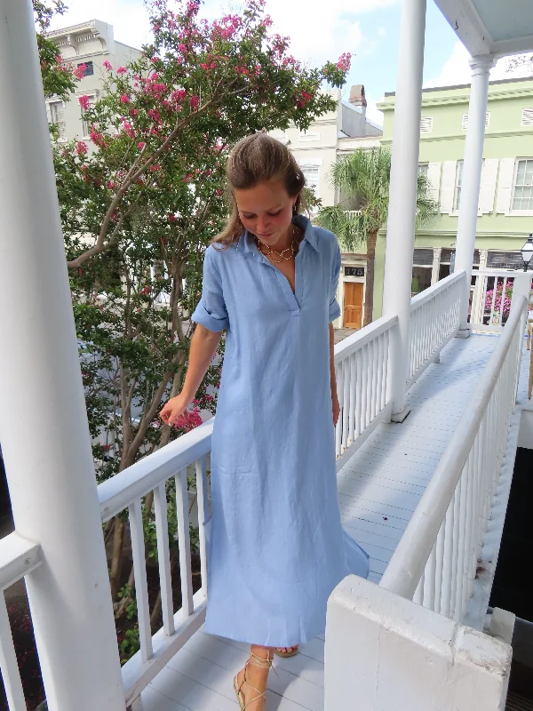 Final Clearance Darren Midi Dress Short Sleeve Sky Blue Linen