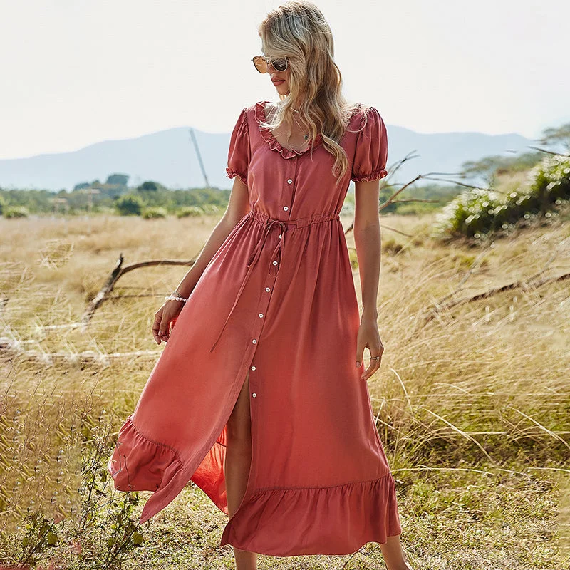 Price Smash modern dressKittenAlarm - Single-Breasted Round Neck Solid Color Dress