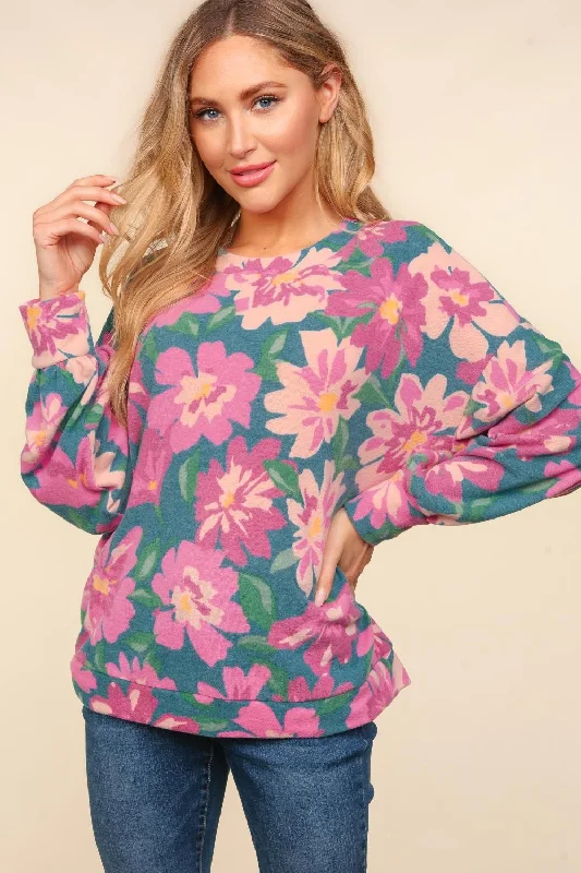 Steals and Deals PLUS TEAL FLORAL BRUSHED HACCI SOFT SWEATER KNIT TOP