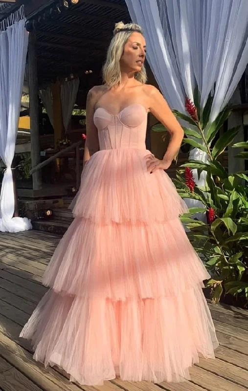 denim dressModest Pink Strapless Tiered Tulle Prom Dress, Pink Formal Prom Gown,Wedding Reception Dress Y1051