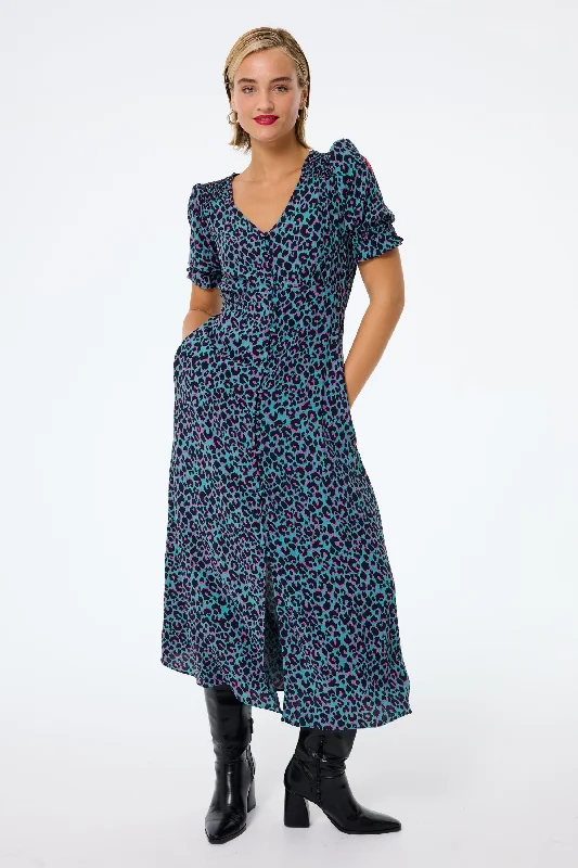 One-DAY Sale floral dressKhaki with Pink and Black Small Shadow Leopard Flute Sleeve Midi Tea Dress