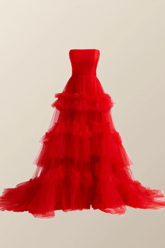 bohemian dressRed Tulle Strapless A-line Long Dress