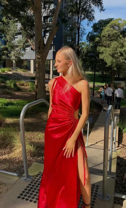 Customer Appreciation Sale trendy dressRed Satin One Shoulder Elegant Party Dress with Slit, DP2336 Customer Appreciation Sale trendy dressRed Satin One Shoulder Elegant Party Dress with Slit, DP2336